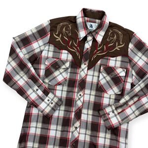 Western Cowboy Shirt Mens M Brown Plaid Pearl Snap Rodeo Classic Fit Rangers